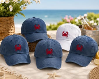 Coastal Crab Baseball Cap, Embroidered Cotton Hat, Beach Vacation Dad Cap