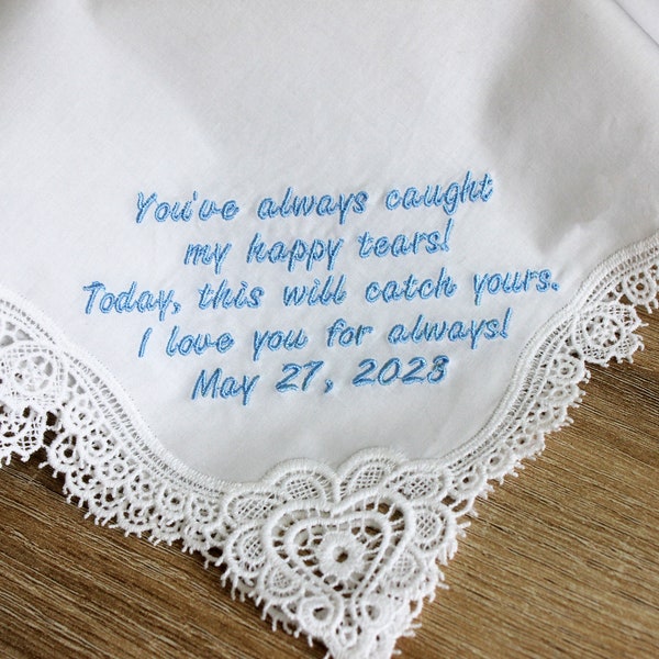 Voor Happy Tears gepersonaliseerd, geborduurde bruiloft zakdoek, vader van bruid cadeau, moeder van de bruid of bruidegom cadeau, zakdoek, bruid cadeau