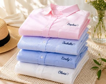 Personalized Embroidered Cuff Shirt, Custom Name Oversized Button Down Shirt, Bridesmaid Gift, Bridal Party Shirt, Beach Vacation Shirt