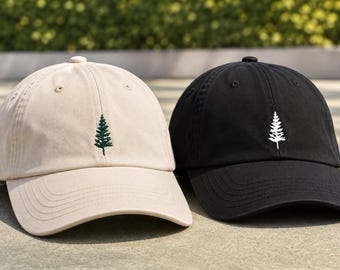 Minimalist Pine Tree Embroidered Hat, Custom Nature Baseball Cap, Forest Dad Hat, Outdoor Adventure Gift, Unisex Cotton Hat