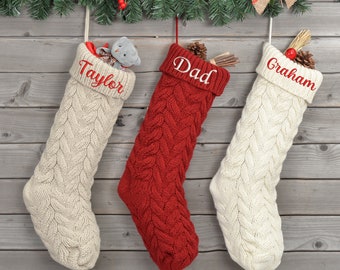 Personalized Knitted Christmas Stocking: Embroidered Cable Knit Family Stockings