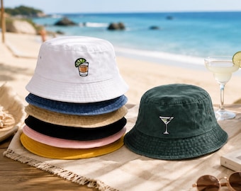 Personalized Cocktail Embroidered Hat – Summer Beach Hat, Bridesmaid Gift, Girls Trip Bucket Hat