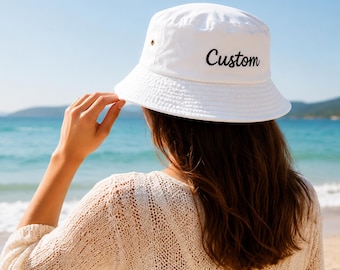 Personalized Embroidered Bucket Hat Custom Logo Hat Custom Text Hat Vacation Beach Hat Gift for Men Women