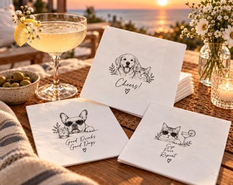 Personalized Wedding Cocktail Napkins, Custom Pet Portrait Napkins, Dog & Cat Wedding Bar Decor, Bridal Shower Napkins