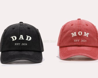 Sombrero bordado personalizado, fecha personalizada, sombrero de béisbol vintage a juego, regalo para la nueva mamá papá, anuncio de embarazo, gorra de papá personalizada