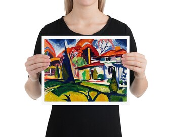 Op de afbeelding: Een kleurrijk abstract schilderij van een huis met een rood dak en een groene gazon. Het schilderij is gemaakt in een stijl die doet denken aan het Duitse expressionisme.