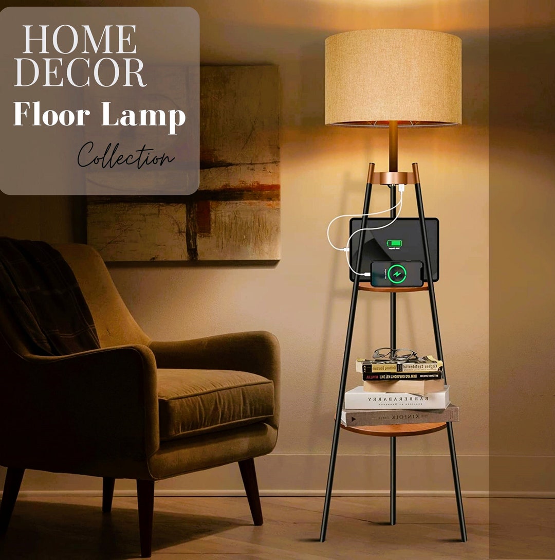Modern Standing Lamp With Shelves, USB Charging Station, and Dimmable