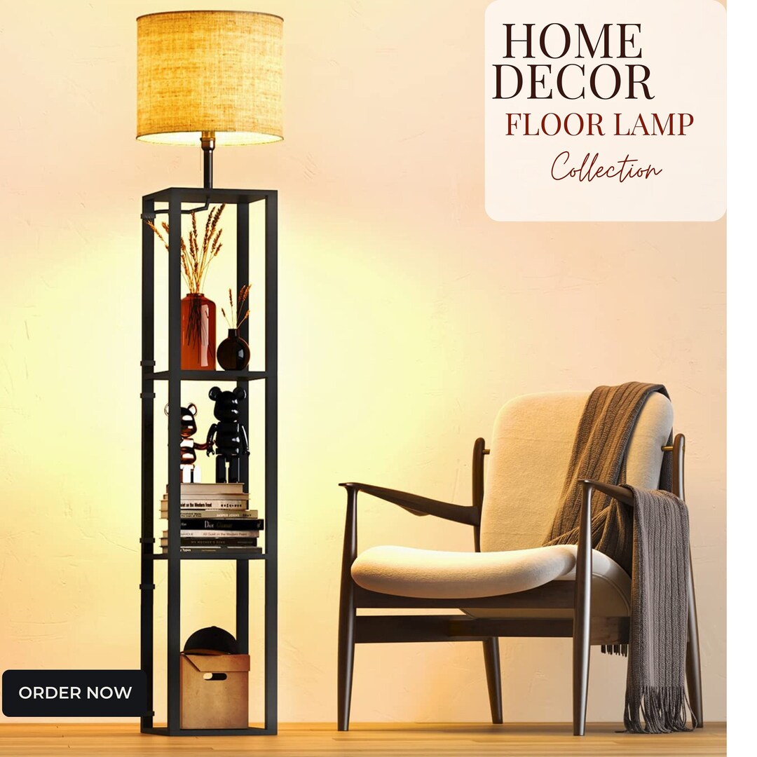 Beautiful Floor Lamp Shelf With LED Bulb, Corner Display Wood Standing Floor Lamp, Bedside Lamp