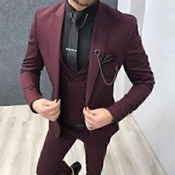 Men's Suits Burgundy 3 Piece Formal Fashion Wedding Groom Party Wear Office Prom suit Dinner Suits bespoke for mens