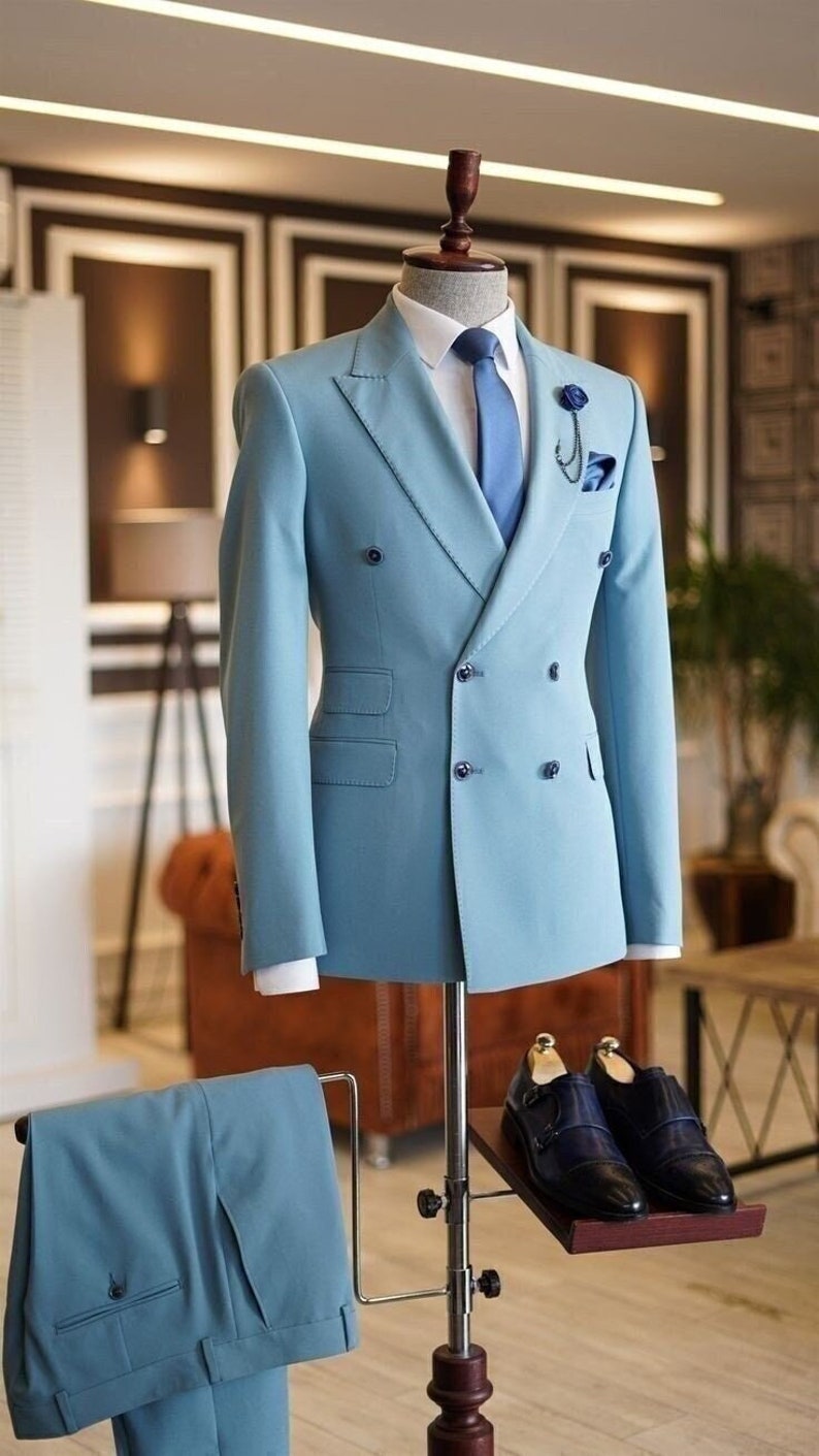 Blue Plaid Double-Breasted Peaked Lapel 2-Piece Men's Suit