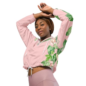 Pink Tea Rose and Green Ivy Women’s cropped AKA cutoff windbreaker - Pink and Green
