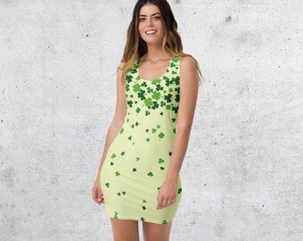 Ombre Raining Shamrocks - Irish St. Patrick's Day - Falling 3-leaf Clover Green Pattern Sleeveless Tank Dress Costume