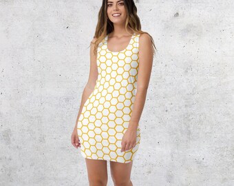 Beehive Honeycomb Print White dress with Yellow Gold Six-Sided Shape Hexagon