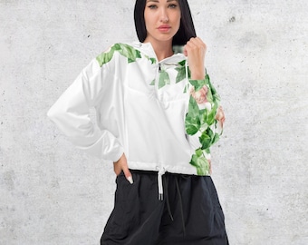 Pink Tea Rose and Green Ivy Women’s Cropped AKA Cutoff Windbreaker