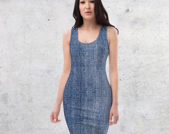 Denim Look (not real denim) - Denim PRINT Dress - Sleeveless Tank Dress - Two-Tone Ombre with Striation Lines