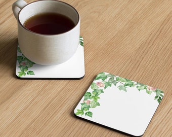 Pink and Green Ivy and Tea Rose AKA Floral Cork-back coaster