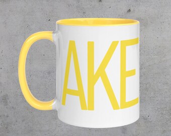 CAKE - "C" Handle Cake Mug or Coffee Mug with Yellow Color Inside - Microwaveable so can be used for Microwave Cake Mix