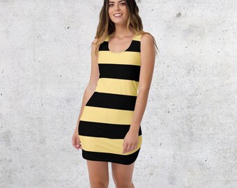 Bumble Bee Striped Yellow Gold & Black Thick Striped Tank Sheath Pencil Dress