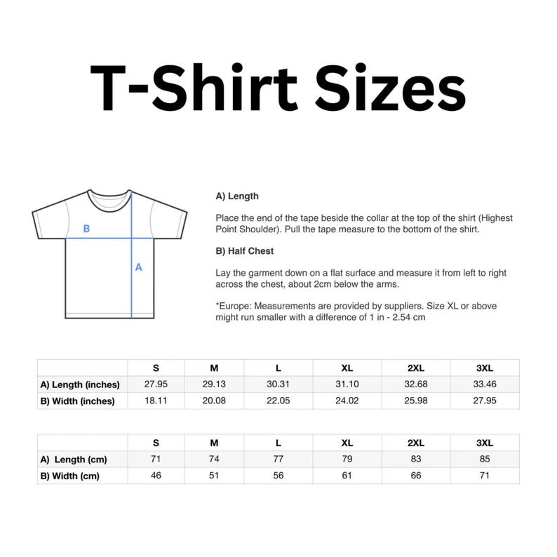 A diagram shows t-shirt measurements for length and width, with a table of sizes from S to 3XL in inches and centimeters.