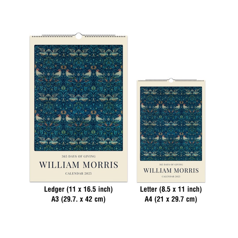 Comparative sizes of William Morris wall calendars, with the same bird pattern featured in Ledger and Letter sizes.
