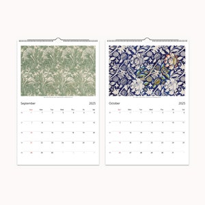 September and October pages of a 2025 calendar, illustrating William Morris' plant and floral designs in green and navy blue.