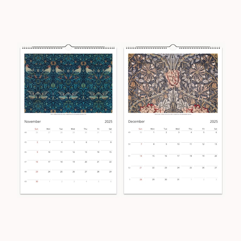 A calendar spread for November and December 2025 with William Morris artwork, including a peacock and vine pattern.