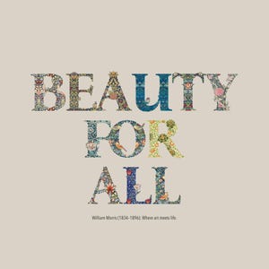 The words "BEAUTY FOR ALL" are displayed in large, decorative floral and nature-themed letters on a light brown background, with a small quote below.