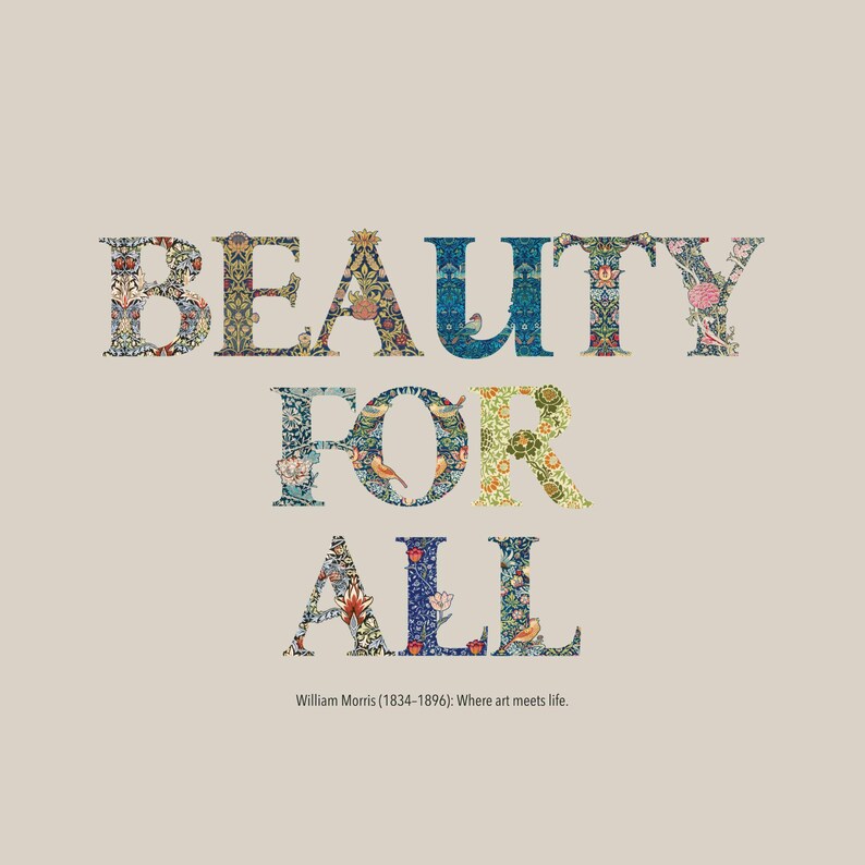 The words "BEAUTY FOR ALL" are displayed in large, decorative floral and nature-themed letters on a light brown background, with a small quote below.