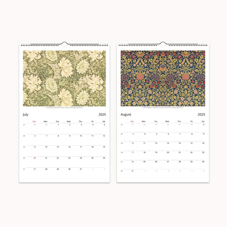 William Morris calendar showcasing July and August 2025, with leafy designs in soft green and a dense floral pattern in dark tones.