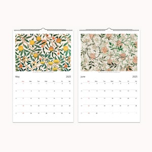 May and June calendar pages with vibrant citrus and botanical prints from William Morris' collection for 2025.