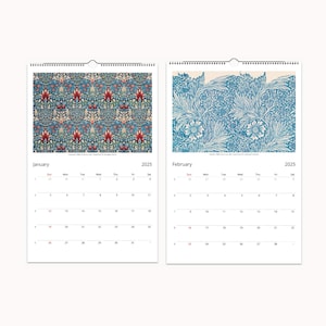 March and April pages of a 2025 William Morris calendar, featuring bold floral and bird motifs against a blue background.