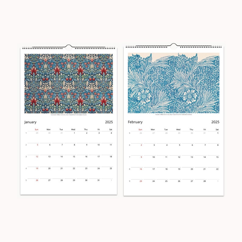 March and April pages of a 2025 William Morris calendar, featuring bold floral and bird motifs against a blue background.