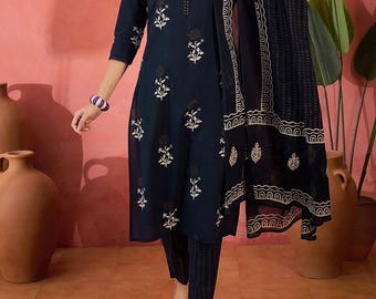 Embroidered Cotton Kurta Set, Indian Navy Blue Floral Print, Salwar Kameez