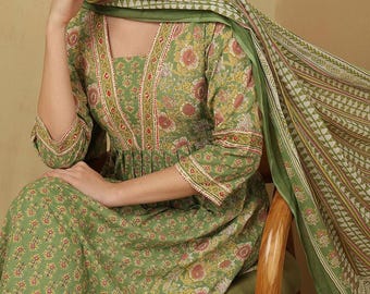 Floral Print Cotton Anarkali Kurti Set, Indian Dress with Dupatta
