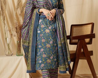 Hand Block Print Cotton Kurta Set, Indian Floral Suit