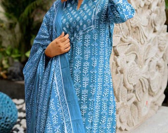 Plus Size Cotton Kurta Set, Sky Blue Floral Print, Mirror Work, Indian Party Wear