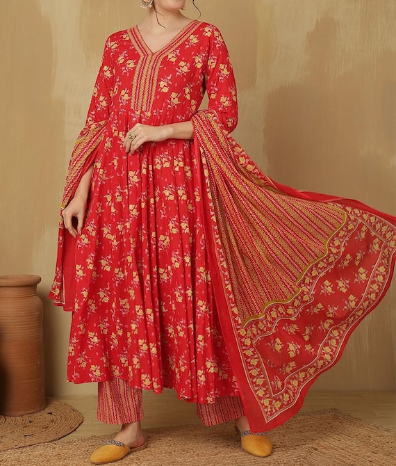 Red Floral Print Cotton Anarkali Kurti Set, Embroidered Pakistani Suit