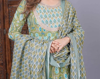 Floral Hand Block Print Anarkali Kurti Set, Pure Cotton Pakistani Suit