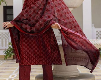 Embroidered Cotton Kurta Pant Dupatta Set, Indian Salwar Kameez Suit