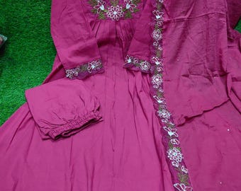 Embroidered Cotton Kurta Pant Dupatta Set, Rani Pink Salwar Kameez