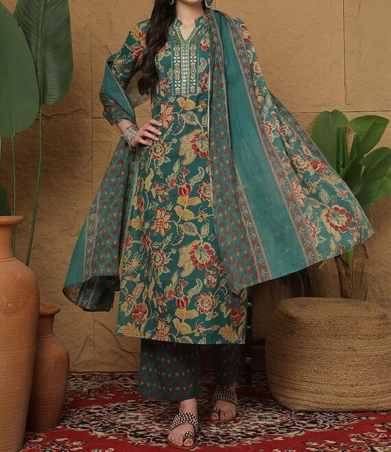 Floral Print Embroidered Kurta Set, Pure Cotton Salwar Kameez, Party Wear Dress