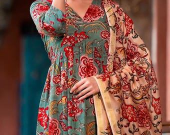 Green Floral Print Anarkali Kurti Pant Dupatta Set, Pakistani Suit