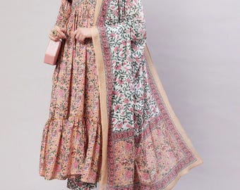 Floral Print Cotton Anarkali Kurti with Dupatta, Wedding Party Wear