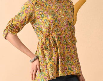 Túnica de algodón con estampado floral para mujer, estilo étnico, corta, hecha a mano