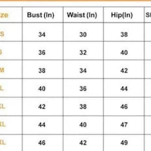 May include: A size chart with measurements in inches for bust, waist, hip, and shoulder. Sizes range from XS to 3XL, with corresponding measurements like 34 inches bust for XS and 46 inches for 3XL.