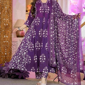 anarkali cotton dress with price White Cotton Angrakha Anarkali Suit Set