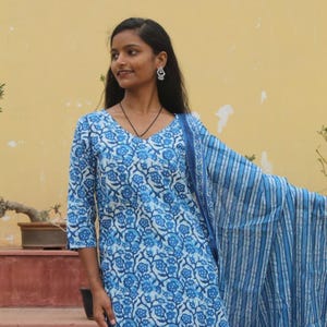 Indigo printed pure cotton long kurti pant and dupatta set, pure cotton kurti, kurta set women, dresses for women, cotton dress