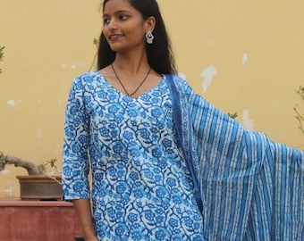 Indigo Printed Cotton Kurti Pant Dupatta Set: Women's Indian Dress