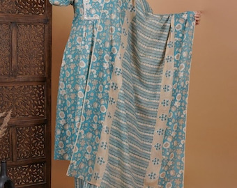 Hand Block Print Cotton Kurta Palazzo Dupatta Set, Anarkali Style