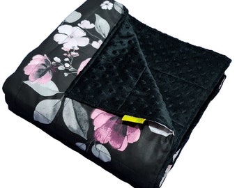 Gewichtsdecke, sensorische Decke – Minky + Baumwolle - Blumen auf schwarz